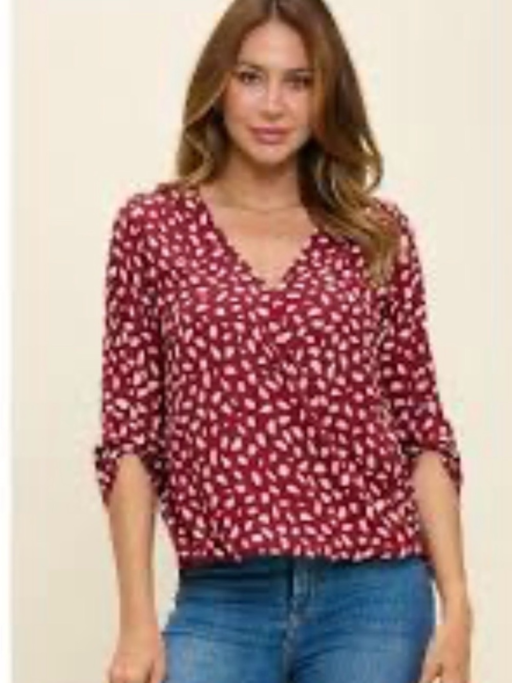 Burgundy Printed V-Neck Roll-Tab Sleeve Blouse shirt small West K Target